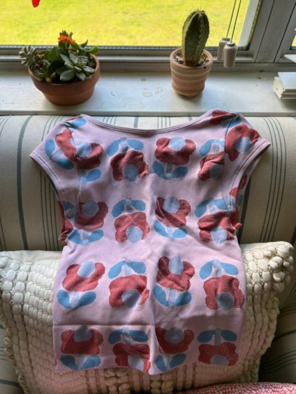 Anthropologie Pink Short Sleeve Tee with Blue and Rust Floral Motif